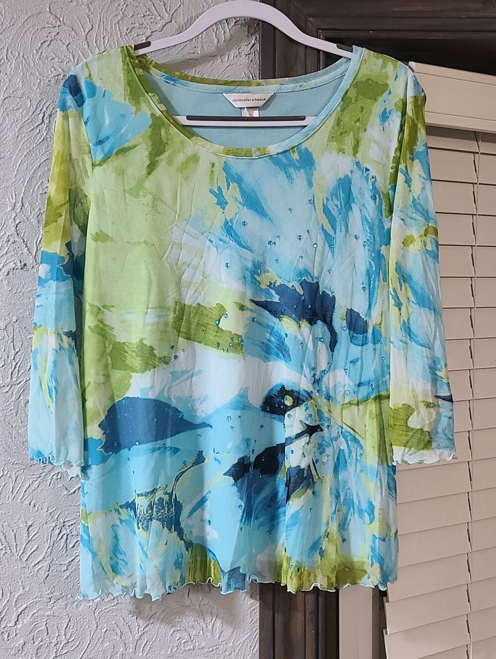 Christopher & Banks blue/green watercolor-patterned scoop-neck top 3/4 Sleeve